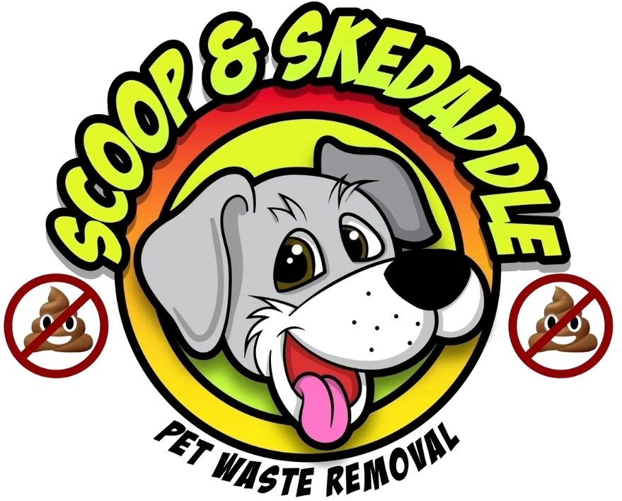 A dog is sitting in front of the scoop and skedaddle logo.