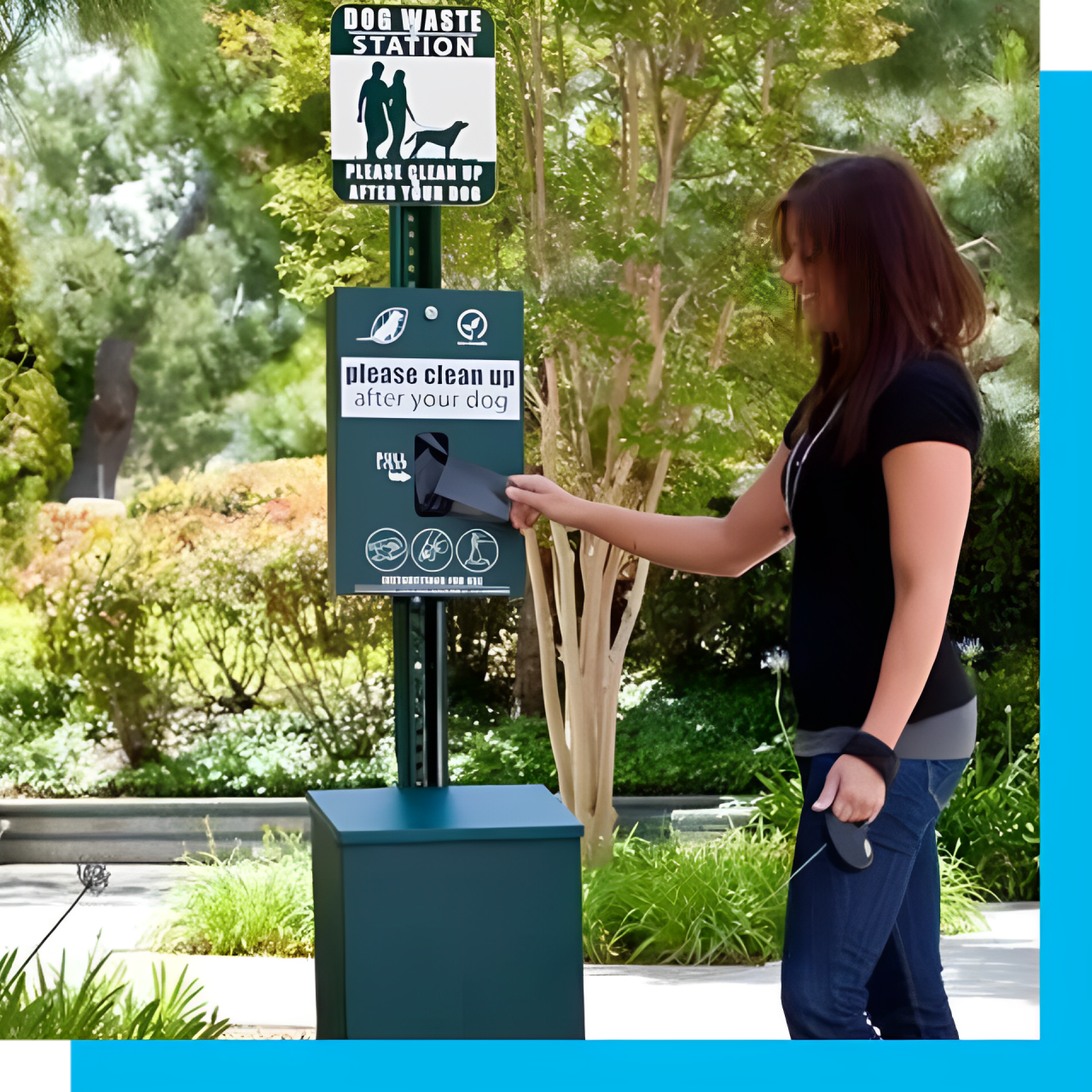 A woman is standing next to a sign that says no pets allowed.