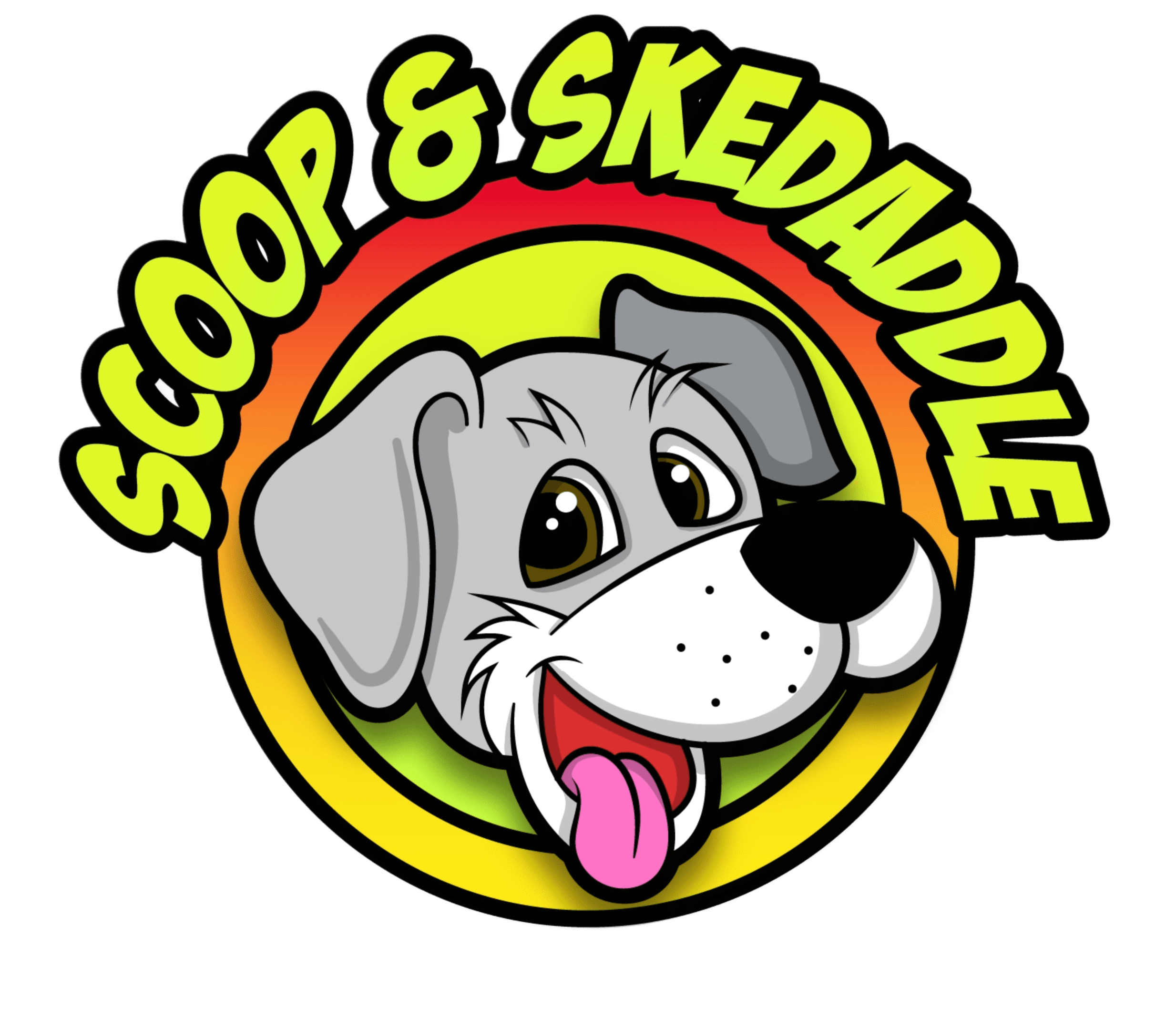 A dog with its tongue hanging out and the words scoop & skedaddle